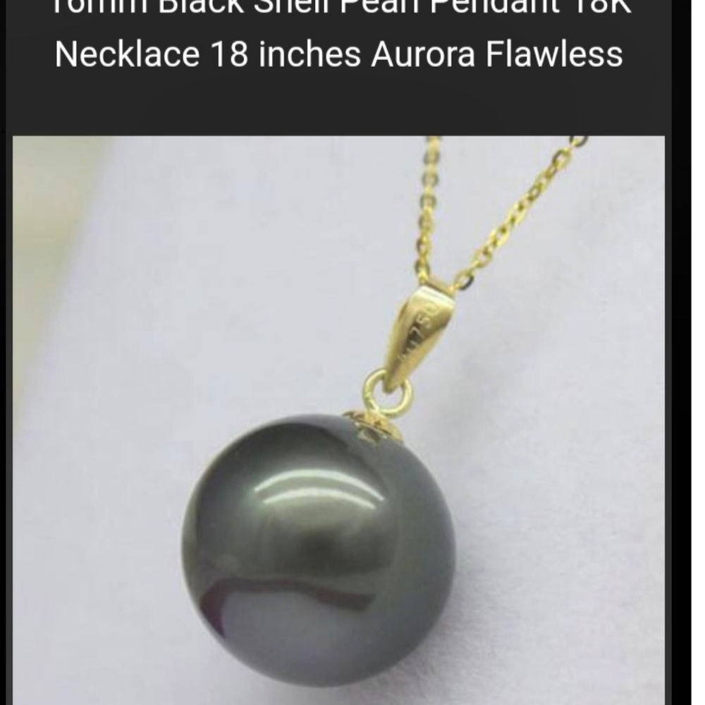 16mm Black Shell Pearl Pendant 18K-GP Necklace 18 inches Steel Aurora Flawless